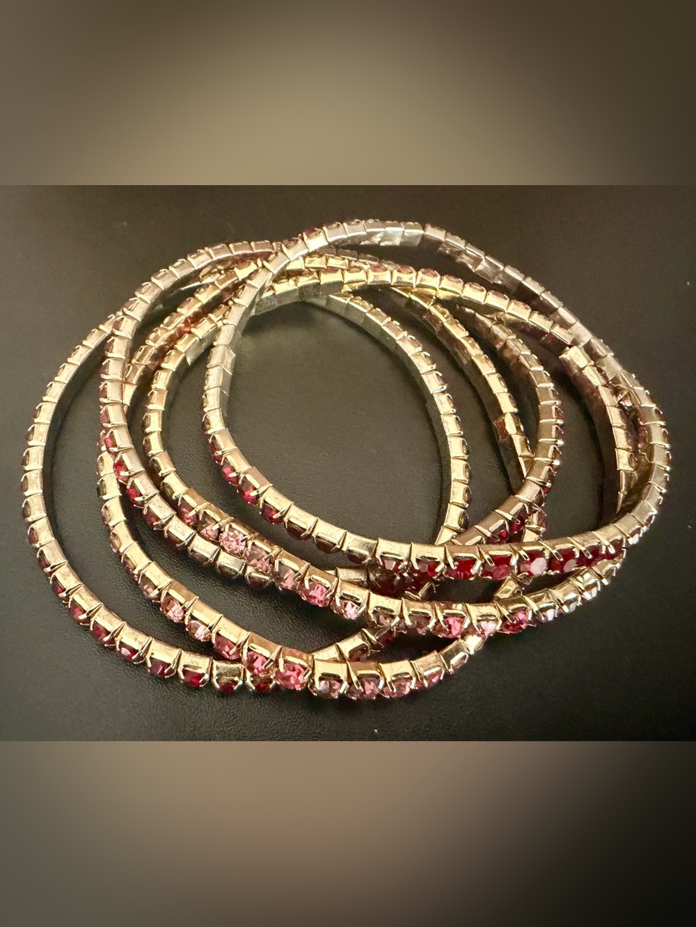 SET OF 5 GOLD-TONE LIGHT FUCHSIA & DEEP RED CRYSTAL STRETCH TENNIS BRACELETS